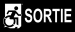 Right Hand White on Black Sortie Wheelie Man Wheelchair Accessible Exit Sign