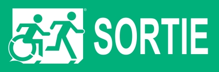 Right Hand White on New Green Sortie Running Man Wheelie Man Wheelchair Accessible Exit Sign