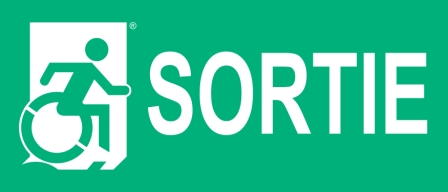 Right Hand White on New Green Sortie Wheelie Man Wheelchair Accessible Exit Sign