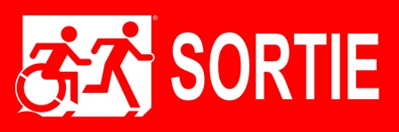 Right Hand White on Red Sortie Running Man Wheelie Man Wheelchair Accessible Exit Sign