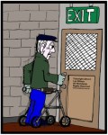 Elderly Man using a walking frame opening an exit door