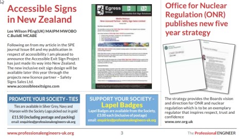  page 3 of Issue 85 of The Professional Engineer journal, published by the Society of Professional Engineers.