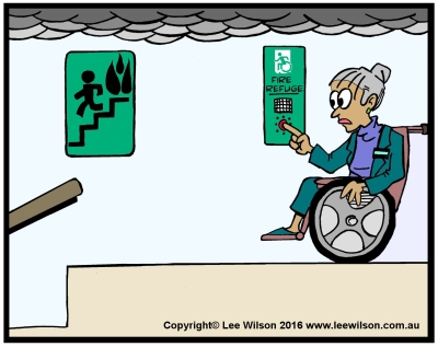 Cartoon of a lady using a Wheechair in Fire Refuge using Communications with Accessible Means of Egress Icon