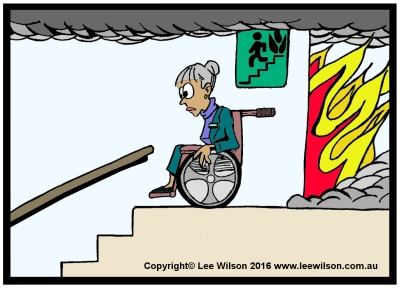 Cartoon of a lady using a Wheechair in Fire Stairs looking down the stairs
