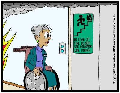 Cartoon of a lady using a wheelchair looking at Non Emergency Elevator