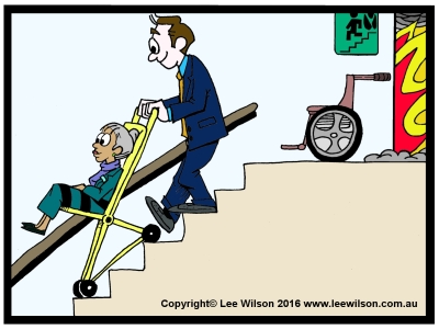 Cartoon of a man using an Evacuation Chair in Fire Stairs to help a lady down the stairs