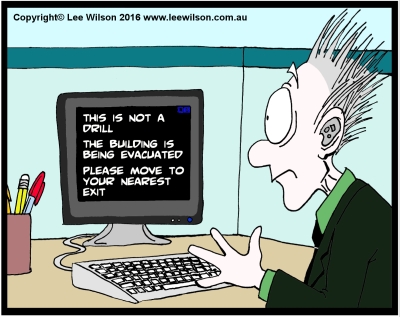 Cartoon of a man wearing a hearing aid looking at a computer screen telling him the building is being evacuated
