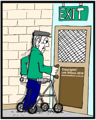 Cartoon of an elederly man using a walking frame trying to open an exit door
